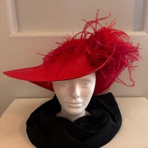 Statement Red Feather Accent Women's Dress Hat with Box
